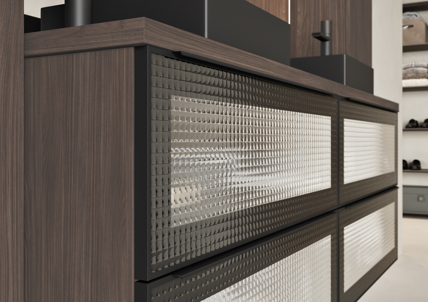 Detalle del mueble de baño MIZU en madera oscura con estructura metálica negra.